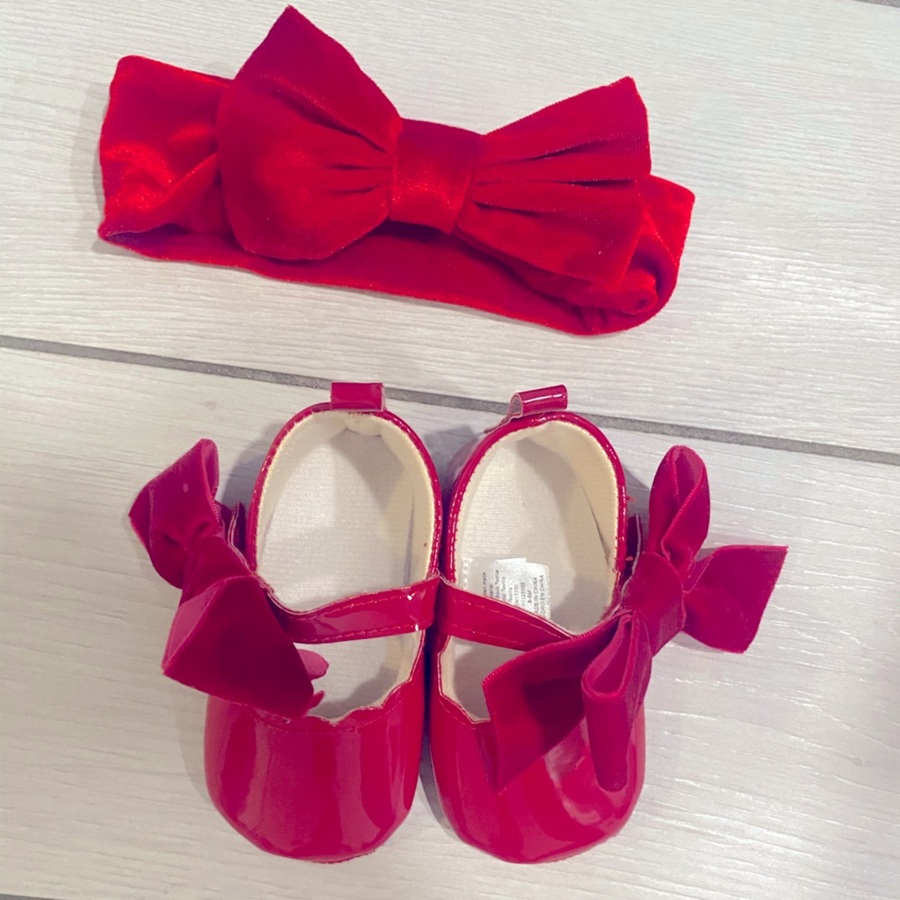 Infant Red Dress Shoes size 3-6 months with Headband